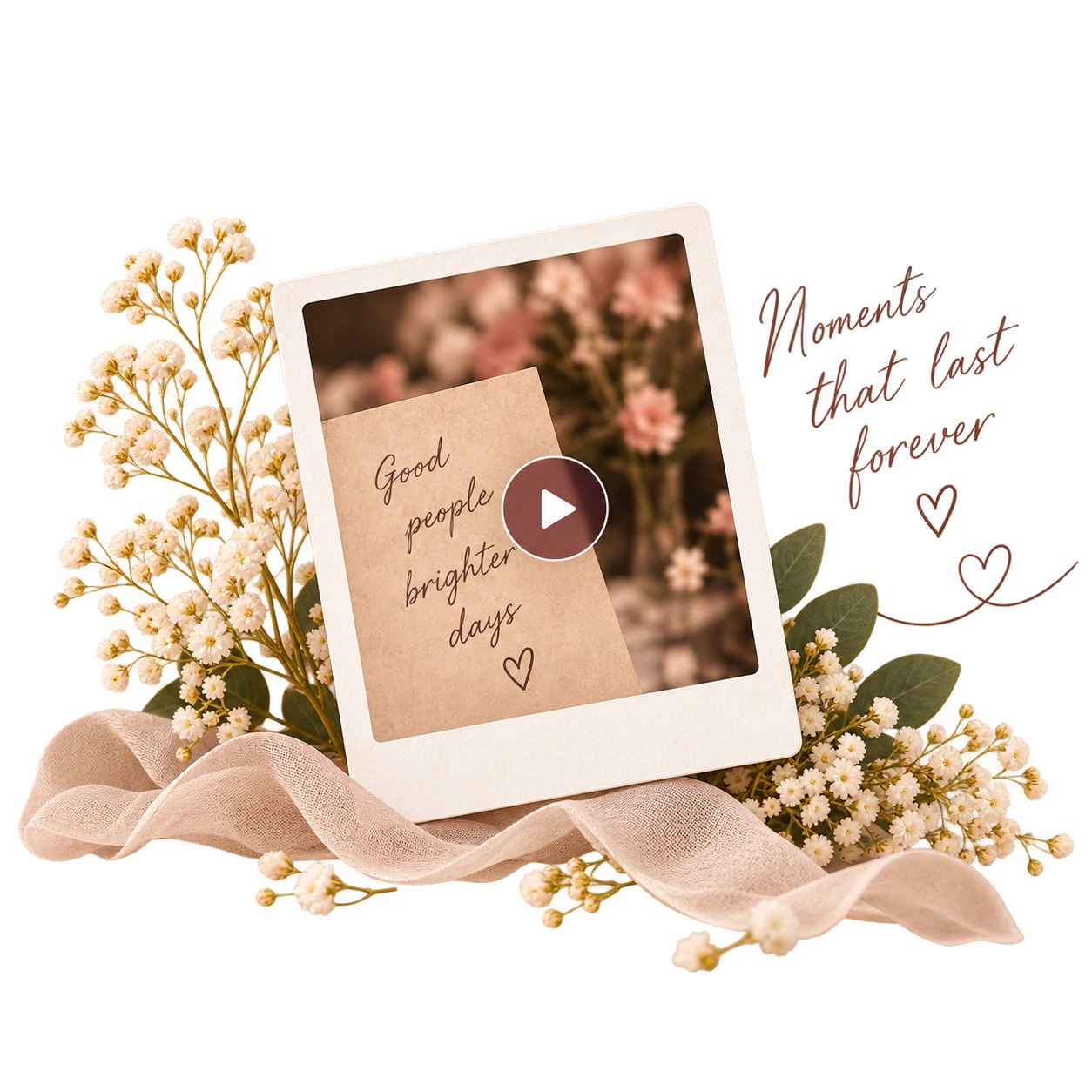 A keepsake photo surrounded by flowers, with the words Good people, brighter days and Moments that last forever.